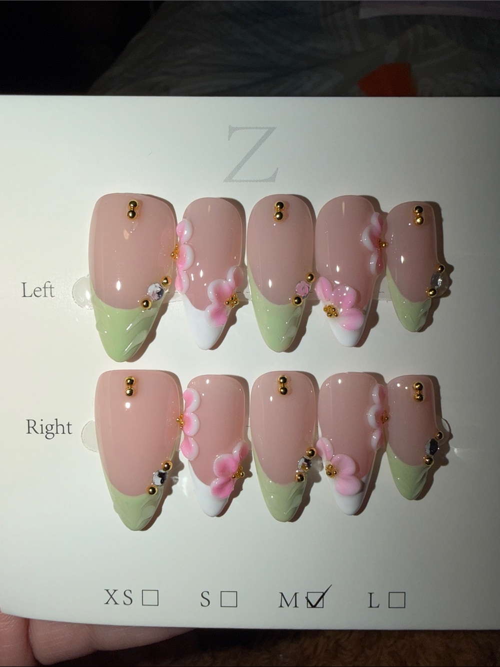 Pink Floral Press-On Nail Set with Green Tips - Women Makeup